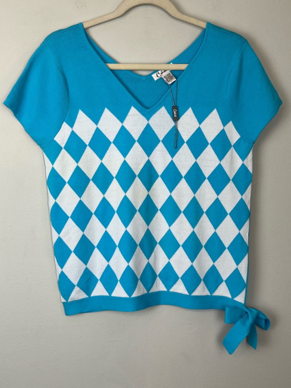 NWOT Carducci Argyle Front V Neck Short Sleeve Knit Sweater Top LARGE Vintage